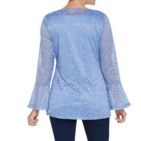 Isaac Mizrahi Metallic Lace Bell Sleeve Knit Top - Picture 2 of 3